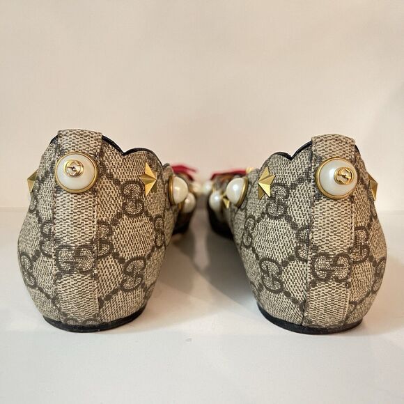 Gucci GG Monogram Lexi Supreme Pearl Lips Stars Bow Brown Ballet Flats SZ EU 39 - Picture 9 of 16